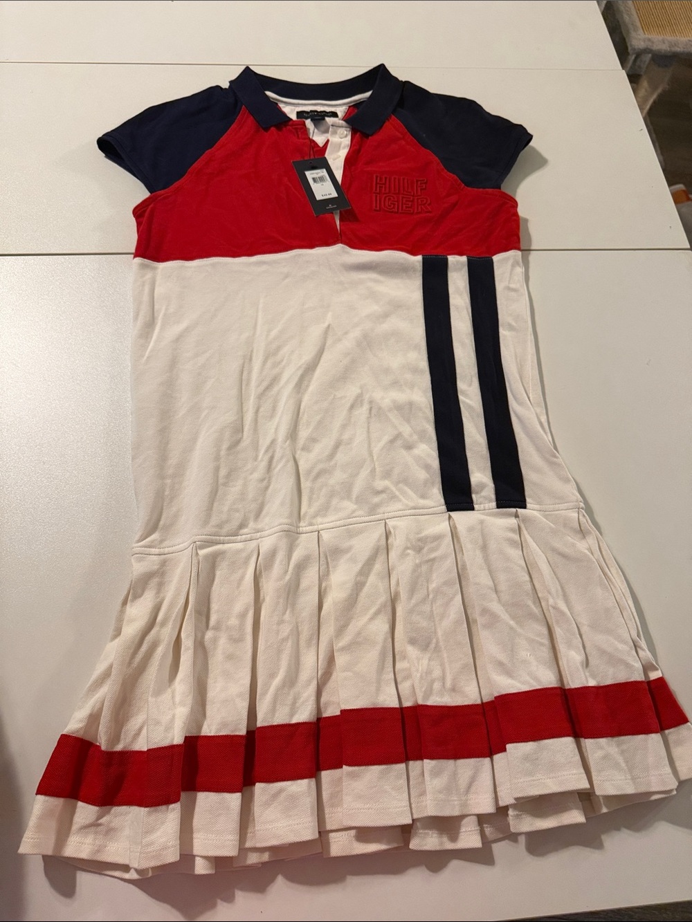 Tommy Hilfiger Red Navy White Pleated Polo Dress
